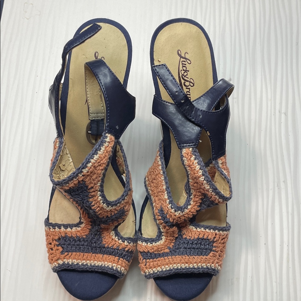 Lucky Brand Women's Navy and Orange Crochet Sandals